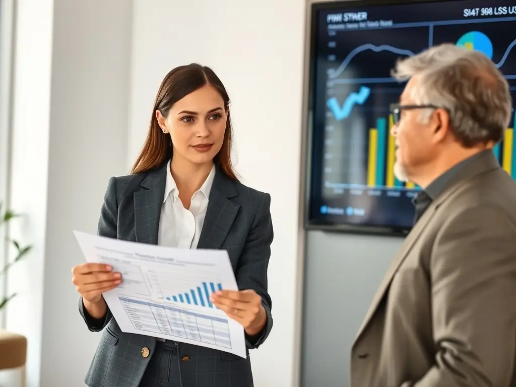 A Chartered and Associates professional presents a detailed financial report to a client, highlighting key findings and recommendations.